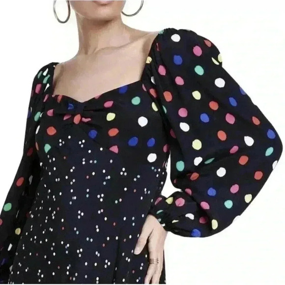 RIXO Polka Dot Long Sleeve Puff Swing Dress 2 Wedding Guest Rainbow Sweetheart - Picture 2 of 8